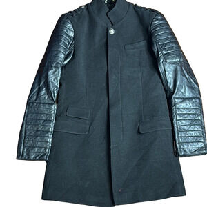 Philipp Plein Homme Men’s Black Wool Winter Coat Featuring 100% Leather Sleeves